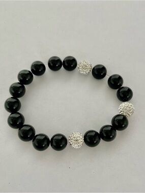 Black Onyx / Cubic Zirconia Firecracker Rounded Beaded Pull On Bracelet